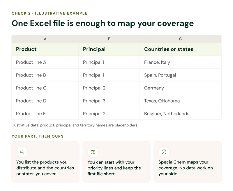 Illustrative spreadsheet with three columns: product, principal, and countries or states. You list products and territories, then SpecialChem maps your coverage.